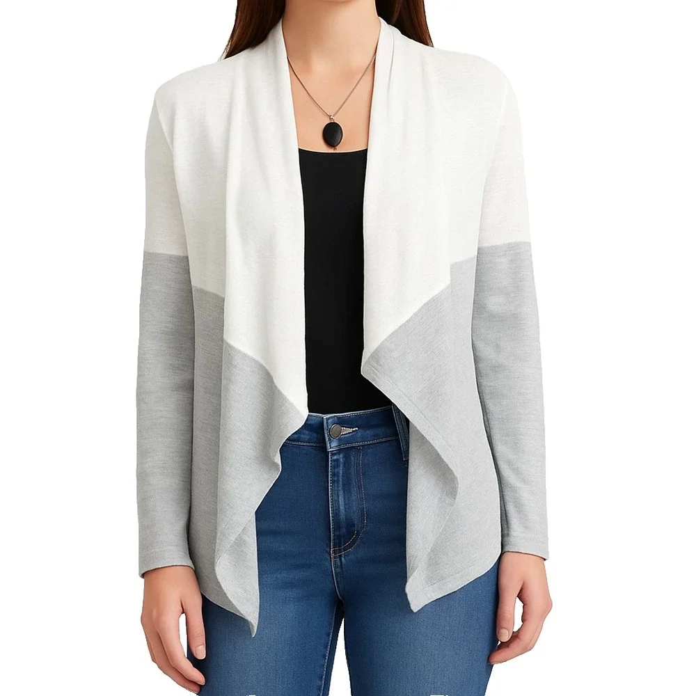 Eddie Bauer‎ Womens M Gray White Knit Cardigan Sweater Long Sleeve Open Front